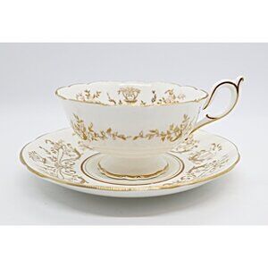 Vintage Coalport Teacup and Saucer Golden Gold Gilt Lire Instrument Design Tea